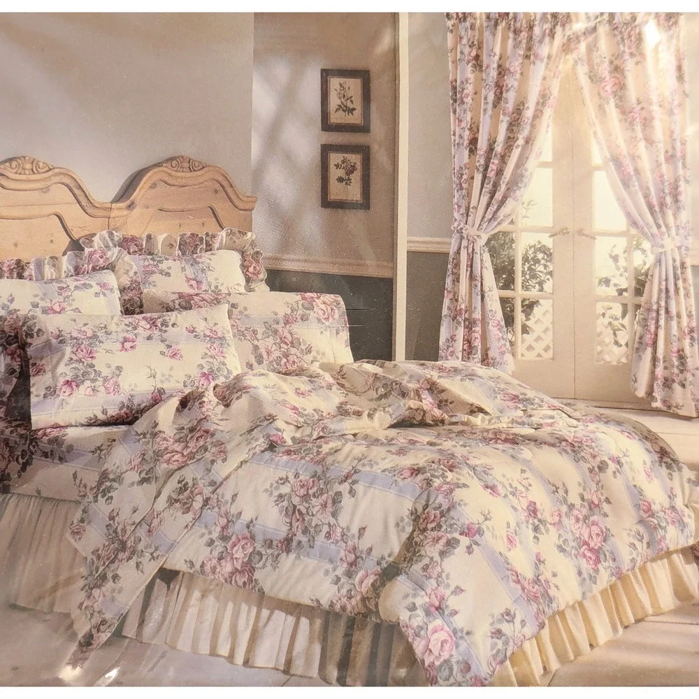 VTG Cannon Monticello Madeline 3 Pc Twin Sheet Set Cottage Floral Blue Stripe